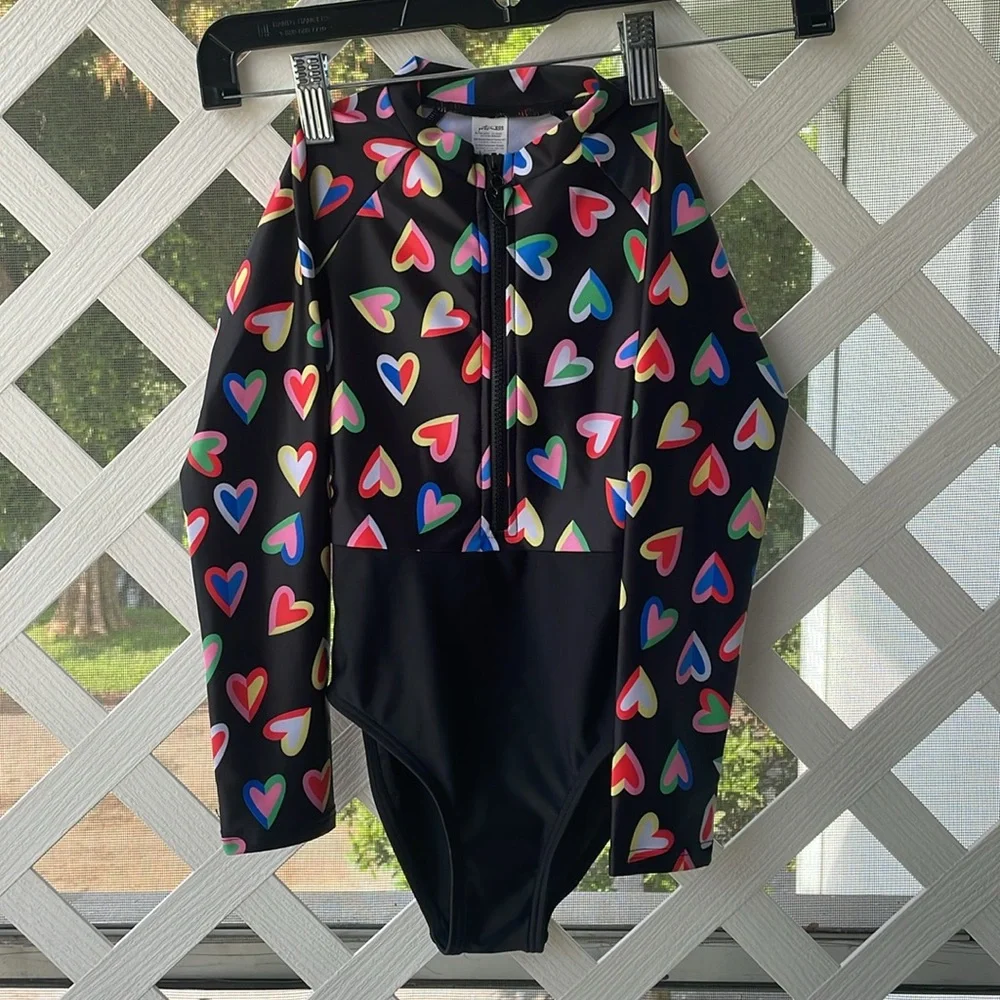 Gottex Kids ‘Hearts’ Long Sleeve Zip-Up Rash Guard One Piece